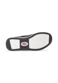 Sola di scarpa in gomma nera con motivo testurizzato bianco. Presenta accenti in rilievo e un logo a forma ovale al centro.