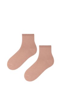 Krótkie różowe skarpetki bawełniane z prążkowanym wykończeniem, charakteryzujące się gładką teksturą i bezszwowym wykończeniem palców. Idealne do codziennego noszenia.
