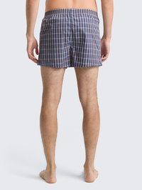 Mannelijk figuur staande op blote voeten, gezien vanaf de achterkant, gekleed in blauw-witte geruite boxershorts tegen een effen lichte achtergrond.