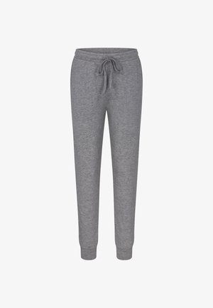 Grå sweatpants lavet af blødt, tekstureret stof. Har en elastisk talje med snor og tætsiddende manchetter ved anklerne.