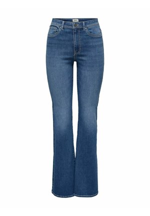 Flared denim jeans in medium blue wash, high-waisted with five-pocket design, finished with contrasting stitching and a zip fly.