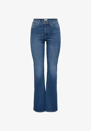 Jeans in denim a campana di lavaggio blu medio, a vita alta con design a cinque tasche, rifiniti con cuciture a contrasto e chiusura con zip.