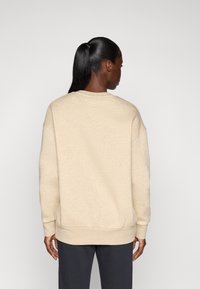 Beige hettegenser med avslappet passform, ribbestrikkede mansjetter og kant, samt myk tekstur. Sett fra baksiden, minimalistisk design uten synlig merkevare.
