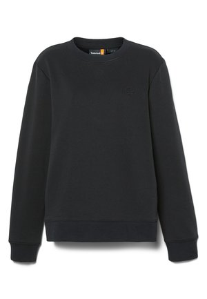 Sweatshirt noir en matériau doux, avec un col rond, des manches longues et un petit logo en relief sur la poitrine.