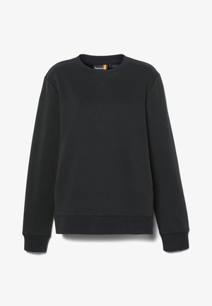 Schwarzes Sweatshirt aus weichem Material, mit Rundhalsausschnitt, langen Ärmeln und einem kleinen geprägten Logo auf der Brust.
