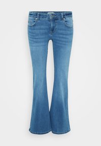 Blå flared jeans laget av denim. Midjehøyde, fem lommer, og stikkede detaljer foran og langs kantene. Glatt tekstur.