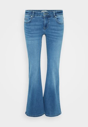 Modré rozšířené džíny z denimu. Středně vysoký pas, design s pěti kapsami a prošívání vpředu a na okraji. Hladká textura.