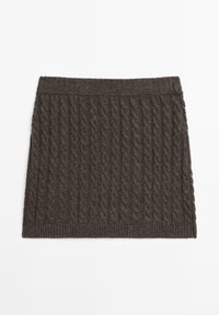 Cable-knit skirt in dark brown with a fitted waistband. Features textured pattern throughout, made from soft, warm fabric.