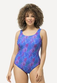 Enbitar badklänning i blått med ett färgglatt mönster av maneter och blommor, slät yta, breda axelremmar och en blygsam skärning.