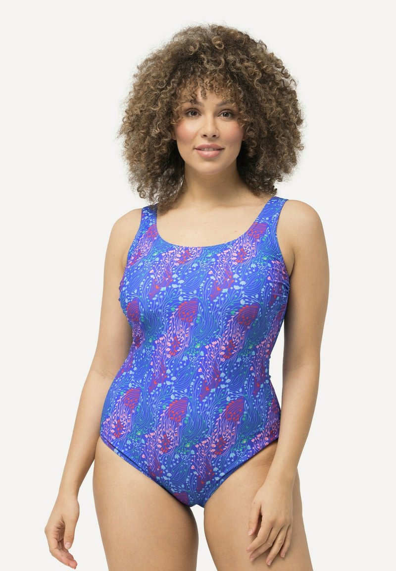 Enbitar badklänning i blått med ett färgglatt mönster av maneter och blommor, slät yta, breda axelremmar och en blygsam skärning.