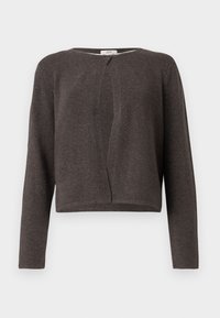 Cardigan lungo grigio scuro lavorato a maglia con scollo rotondo e chiusura con un singolo bottone nella parte superiore.