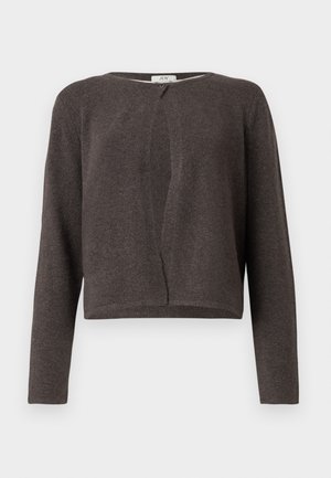 Mørkegrå strikket langermet cardigan med rund hals og en enkelt knappåpning øverst.