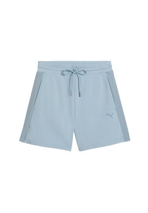 Short de sport bleu clair avec taille élastique, poches avant, cordon de serrage et logo Puma sur la jambe gauche.