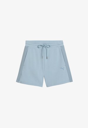 Lyseblå atletikshorts med elastisk talje, forlommer, snøre og Puma-logo på venstre ben.