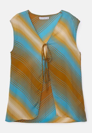 Multicolored sleeveless top in blue, brown, and cream with wavy stripes. Features a V-neckline and a tie detail at the front.