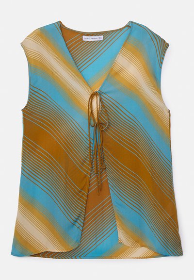Top sem mangas multicolorido em azul, castanho e creme com riscas onduladas. Apresenta um decote em V e um detalhe de laço na frente.