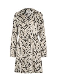 Φόρεμα με μακριά μανίκια σε μπεζ και μαύρο αφηρημένο σχέδιο, διαθέτοντας γιακά, κουμπιά κατά μήκος του μπροστινού μέρους και ζώνη που δένει στη μέση.