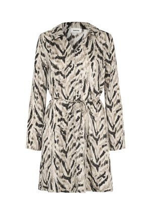 Šaty s dlhým rukávom v béžovo-čiernom abstraktnom vzore, s krkom, gombíkmi na prednej strane a opaskom so zaväzovaním v páse.