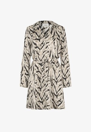 Šaty s dlhým rukávom v béžovo-čiernom abstraktnom vzore, s krkom, gombíkmi na prednej strane a opaskom so zaväzovaním v páse.