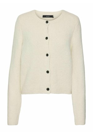 White knitted cardigan with a round neckline, featuring five black buttons down the front and ribbed cuffs and hem. Soft texture.