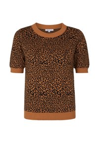 Luipaardprint trui in bruin en zwart, korte mouwen, geribbelde halslijn en zoom, zachte breimateriaal, losse pasvorm met pofmouwen.
