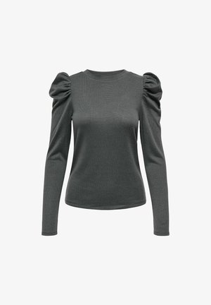 Top de manga larga gris oscuro con hombros abullonados y escote redondo, hecho de un tejido suave y texturizado con una silueta ajustada.