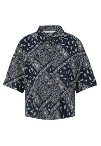 Marineblaue kurzärmelige Hemd mit weißen Paisley- und geometrischen Bandana-Mustern, Knopfleiste und klassischem Kragen.