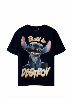 Granatowy bawełniany T-shirt z grafiką postaci z kreskówki. Napis "Built to DESTROY" w kolorach pomarańczowym i białym, z okrągłym dekoltem.