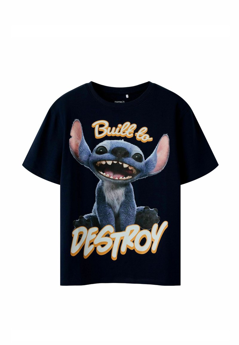 Granatowy bawełniany T-shirt z grafiką postaci z kreskówki. Napis "Built to DESTROY" w kolorach pomarańczowym i białym, z okrągłym dekoltem.