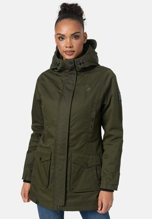 Olive green parka jacket with a hood, side pockets, and front button closure. Features a textured fabric and logo detail on the sleeve.