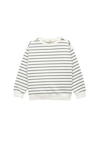 Hvid sweatshirt med sorte horisontale striber, ribbede mansjetter og kant, blødt bomuldsstof, klassisk crew neckline, afslappet pasform.