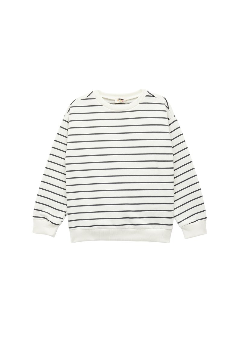Hvid sweatshirt med sorte horisontale striber, ribbede mansjetter og kant, blødt bomuldsstof, klassisk crew neckline, afslappet pasform.