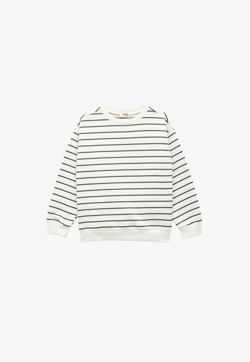 Hvid sweatshirt med sorte horisontale striber, ribbede mansjetter og kant, blødt bomuldsstof, klassisk crew neckline, afslappet pasform.