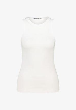 White ribbed tank top with a round neckline and no sleeves. Made of stretchy fabric, it features a fitted silhouette and subtle texture.