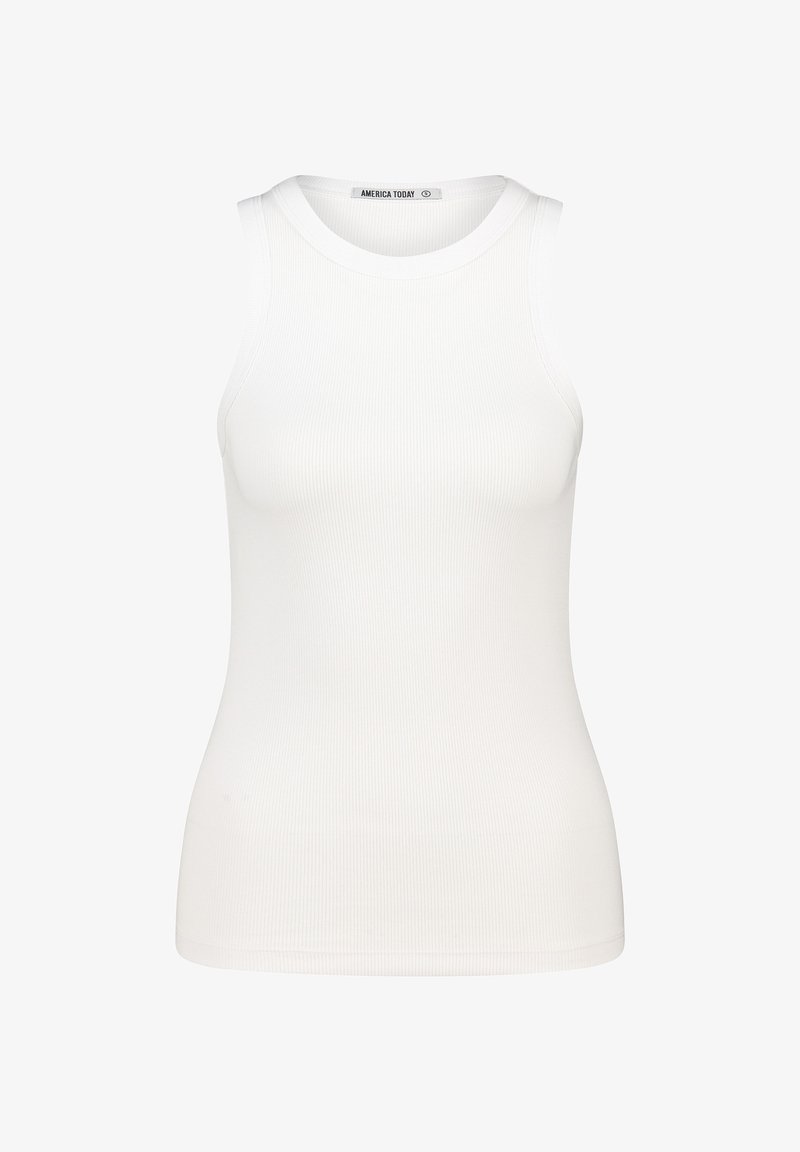 Débardeur blanc côtelé avec un col rond et sans manches. Fabriqué en tissu extensible, il présente une silhouette ajustée et une texture subtile.
