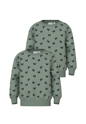 Grüne Sweatshirts mit einem schwarzen Schmetterlingsmuster, runder Ausschnitt, langen Ärmeln und gerippten Bündchen und Saum, die eine weiche Textur aufweisen.