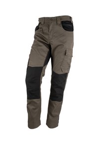 Khaki- und schwarze Cargo-Hosen mit mehreren Taschen, verstärkten Kniebereichen und Kontrastnähten für Haltbarkeit und Funktionalität.