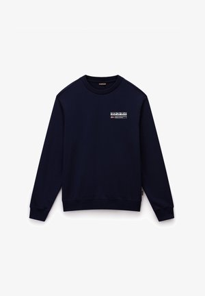 Sweat-shirt bleu marine à col rond avec manches longues, poignets côtelés et petit patch logo Napapijri sur le côté gauche de la poitrine.