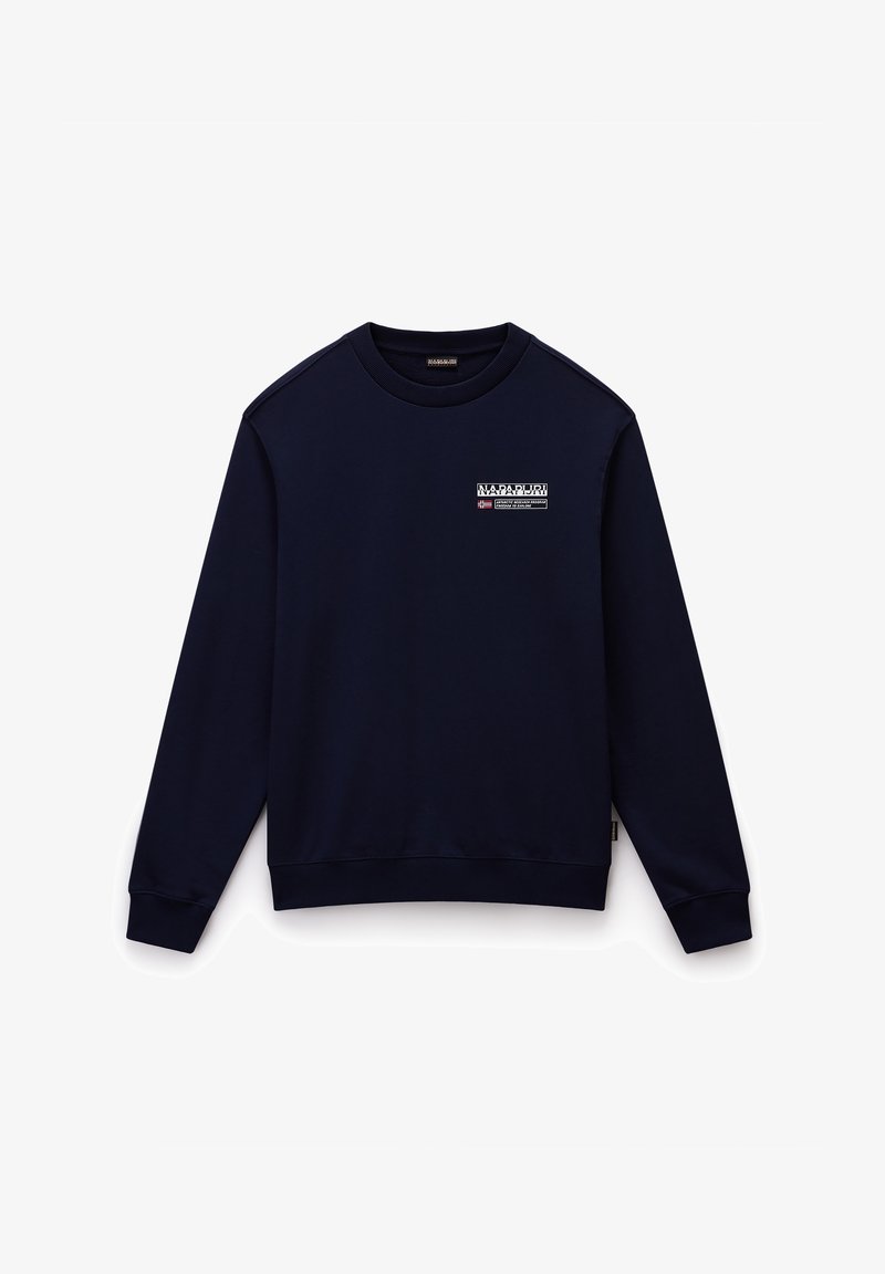 Sweat-shirt bleu marine à col rond avec manches longues, poignets côtelés et petit patch logo Napapijri sur le côté gauche de la poitrine.