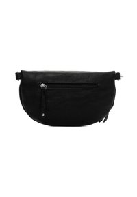 Borsa a tracolla in pelle nera con forma arrotondata, tasca anteriore con zip e tracolla regolabile. Superficie texturizzata, design minimalista.