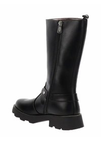 Stivale in pelle nero a metà polpaccio con zip laterale, dettagli di cinturino con stelle e suola in gomma robusta con un leggero tacco.