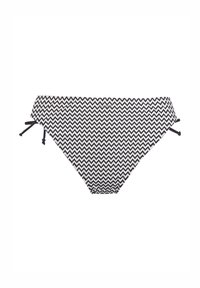Zwart-wit bikini broekje met zigzagpatroon en verstelbare zijbanden, gemaakt van lichte, rekbare stof.