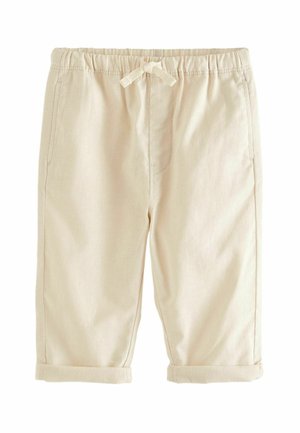 Beige peuterbroek met elastische tailleband, trekkoord, zijzakken en omgeslagen zoom.