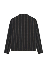 Black long-sleeve shirt with vertical beige stripes, a collar, and a relaxed fit. Fabric appears textured with a subtle pattern.