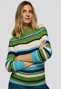 Frau mit blondem Haar, die einen grün-blau-weiß-navy gestreiften Pullover trägt, mit verschränkten Armen vor einem schlichten, hellgrauen Hintergrund.