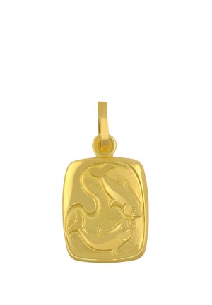 Goldener rechteckiger Anhänger mit zwei stilisierten Fischen, die in entgegengesetzte Richtungen schwimmen, mit einer Öse für eine Kette.