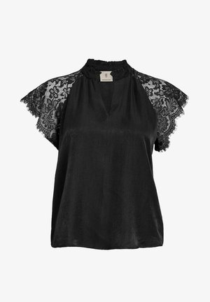 Černá blůza s vysokým výstřihem, krátkými krajkovými rukávy se květinovými vzory a volným střihem. Vyrobena z hladkého materiálu s mírným leskem.