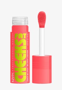 NYX Fat Cheeks flytande rouge i en ljus korallbehållare. Har en fluffig applikator och djärv grön text. 8 mL kapacitet.