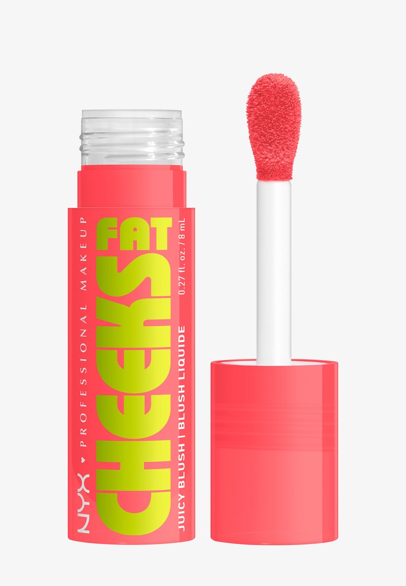 NYX Fat Cheeks flytande rouge i en ljus korallbehållare. Har en fluffig applikator och djärv grön text. 8 mL kapacitet.