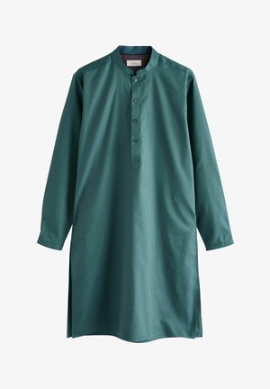 Groene lange mouw tuniek met een mandarin kraag, knopenlijst en zijsplitten. Gemaakt van een gestructureerde stof met een subtiel patroon.